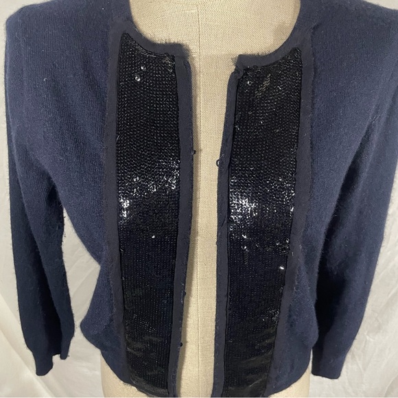 J. Crew Navy Blue Cardigan Wool Blend Sweater with Sequins Size Medium - Picture 3 of 7